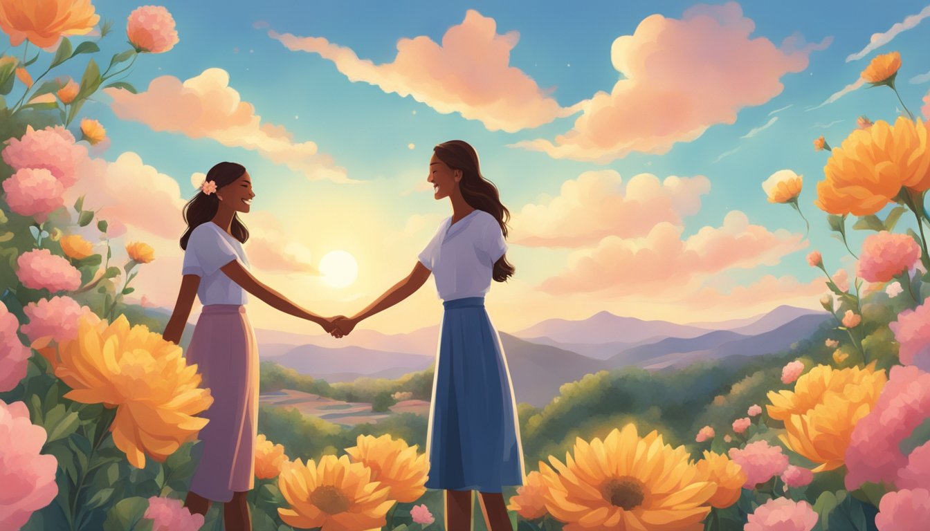 A couple standing face to face, holding hands and smiling, surrounded by blooming flowers and a bright, sunny sky