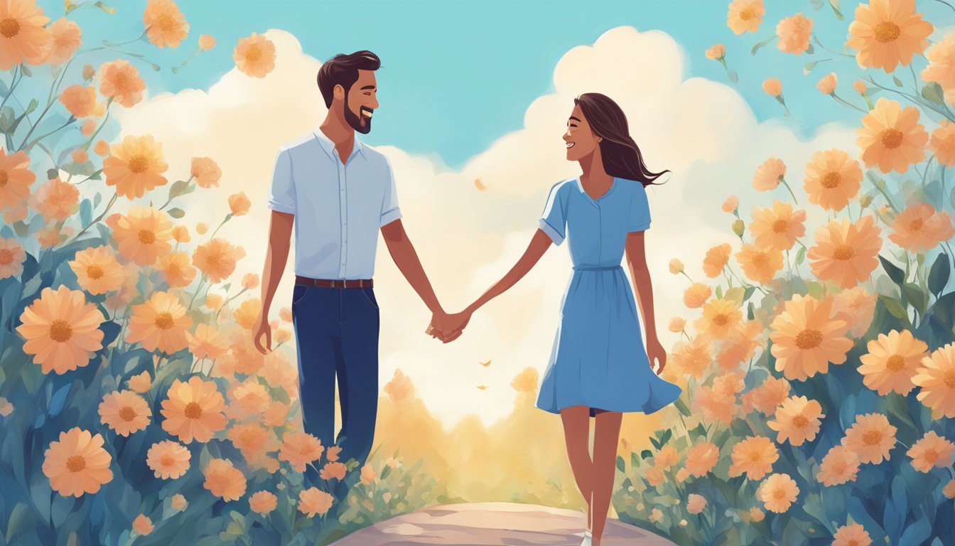 A couple holding hands and smiling, surrounded by blooming flowers and a clear blue sky