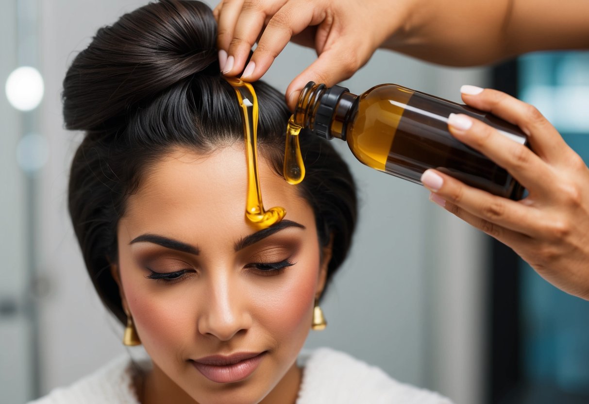 A person applying batana oil to their hair, pouring the oil from a bottle onto their hair