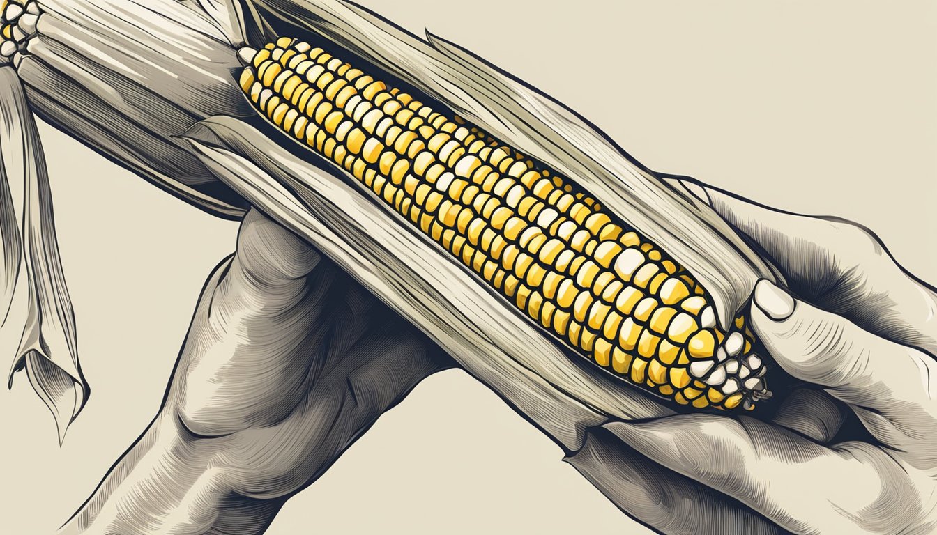 A hand holding a corn on the cob with a corn peeler tool removing the kernels