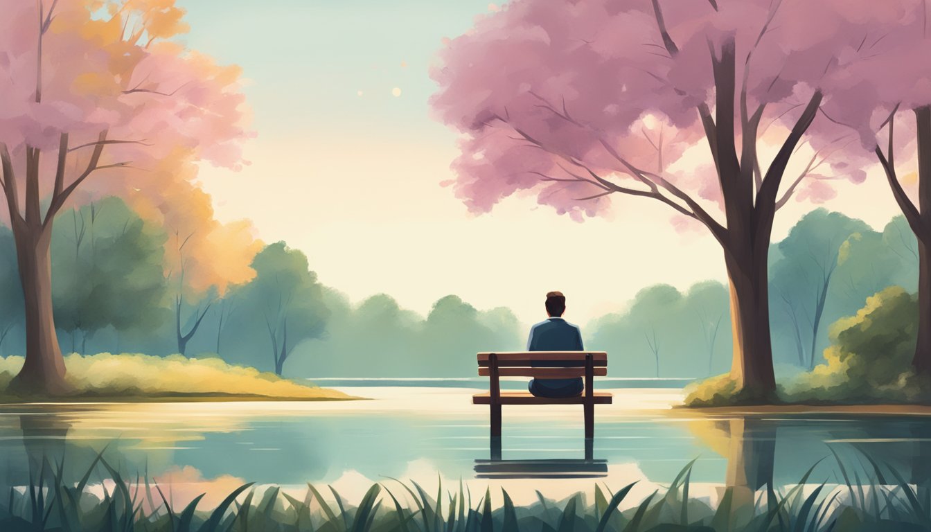 A person sitting alone on a park bench, gazing at a tranquil pond, lost in thought