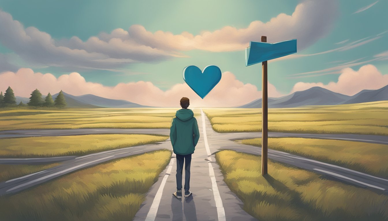 A person standing at a crossroads, with one path leading to a broken heart and the other to a mended relationship