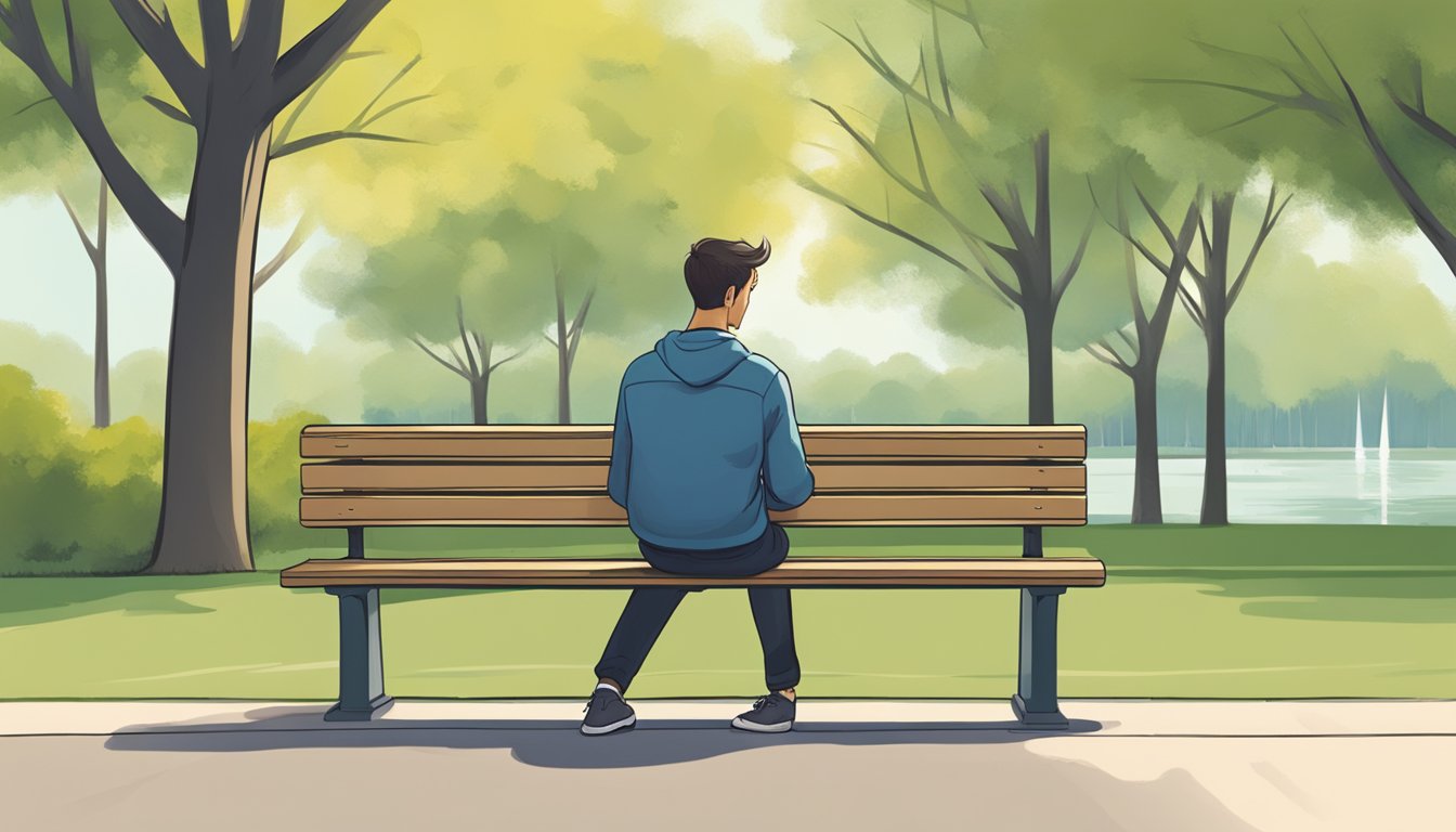 A person sitting alone on a park bench, looking at their phone with a pensive expression. The background is a peaceful, natural setting