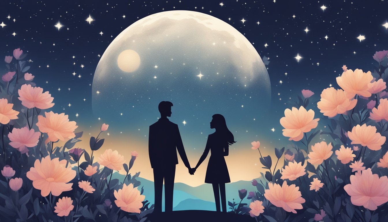 A couple's silhouette embracing under a starry sky, surrounded by blooming flowers and a peaceful, serene atmosphere