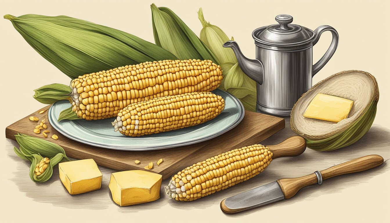 A vintage kitchen table with a cob of corn and a butter spreader, surrounded by images of different historical corn on the cob butter spreader designs