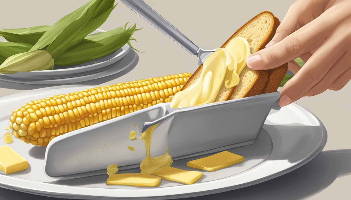 A corn on the cob butter spreader being used to spread butter on toast