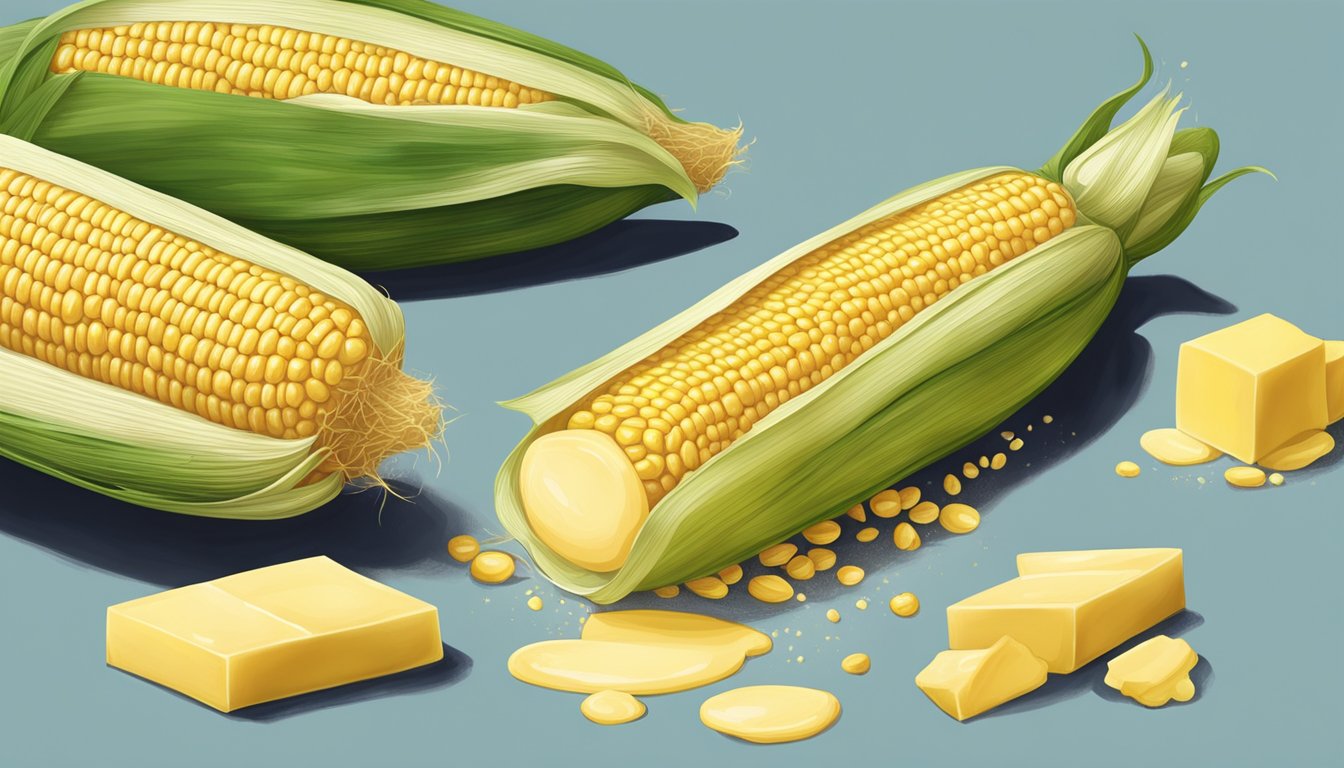 A cob of corn with a pat of butter being spread over it