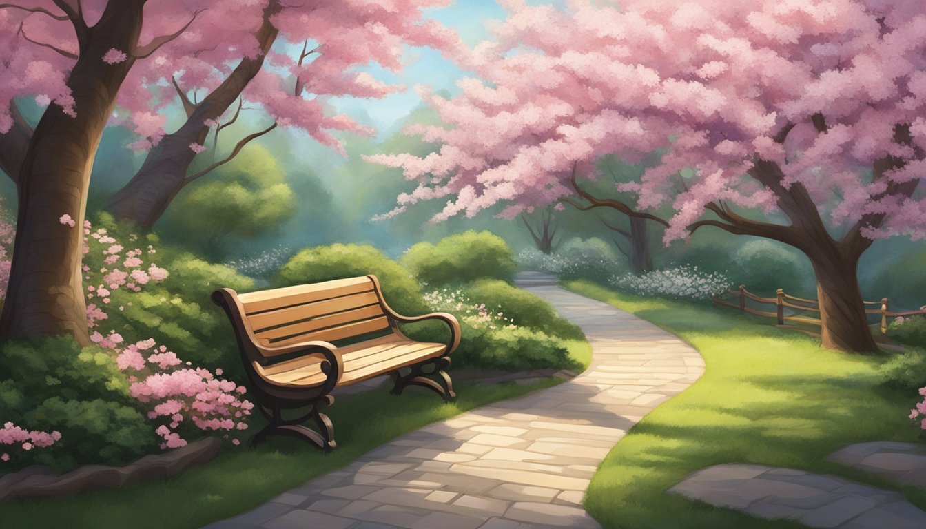 A winding path through a lush garden, leading to a secluded bench under a blooming cherry blossom tree