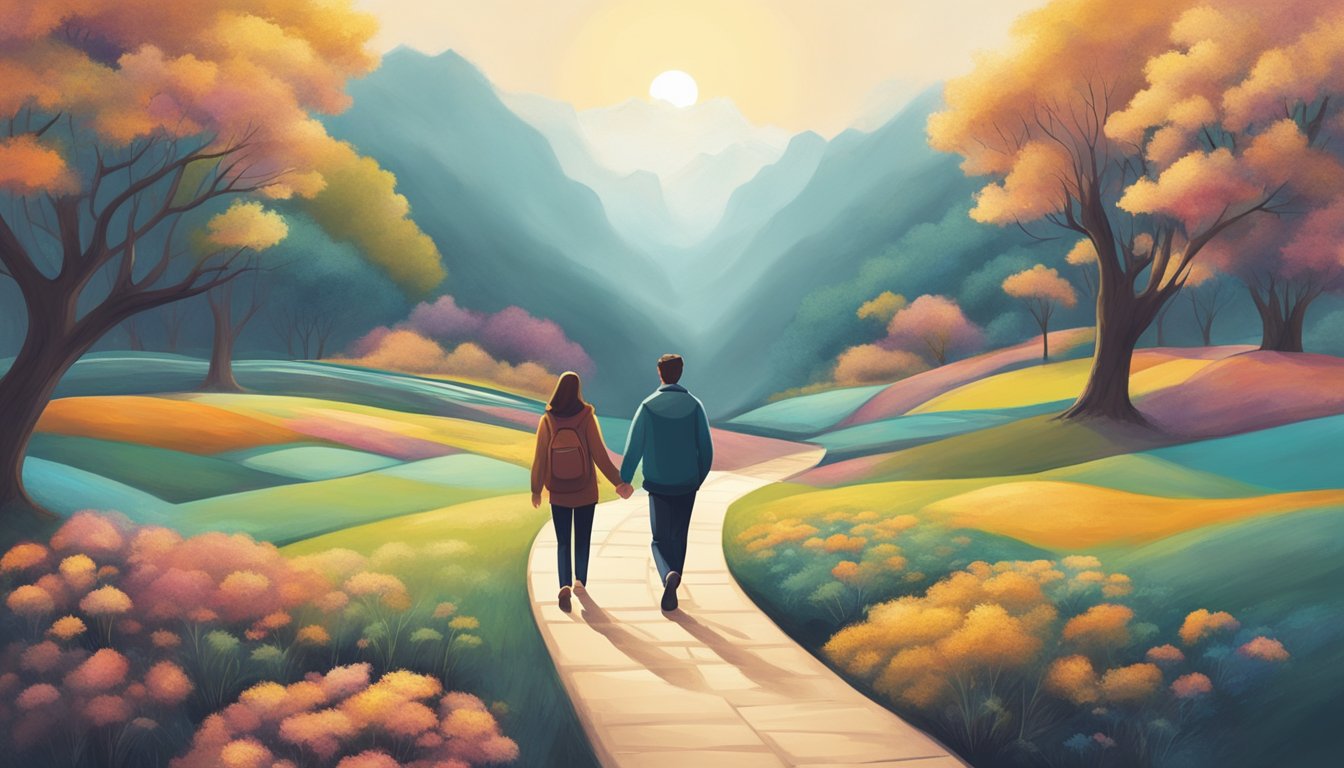 A couple walking on separate paths, with one path leading towards a bright, hopeful future and the other path leading towards a dark, uncertain future