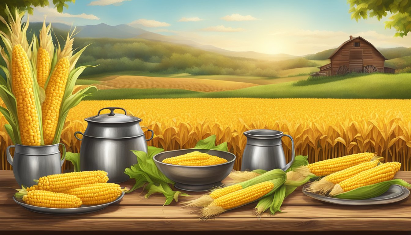 A rustic wooden table set with steaming corn on the cob dishes, surrounded by historical farming tools and a backdrop of sprawling cornfields