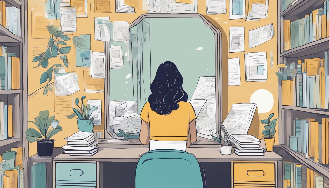 A person looking in the mirror, surrounded by self-help books and notes, reflecting on their personal growth journey