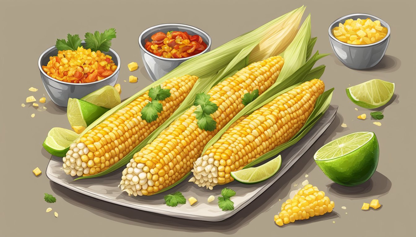 Freshly grilled corn on the cob with an array of flavorful toppings, from melted butter and parmesan to spicy chili and tangy lime juice