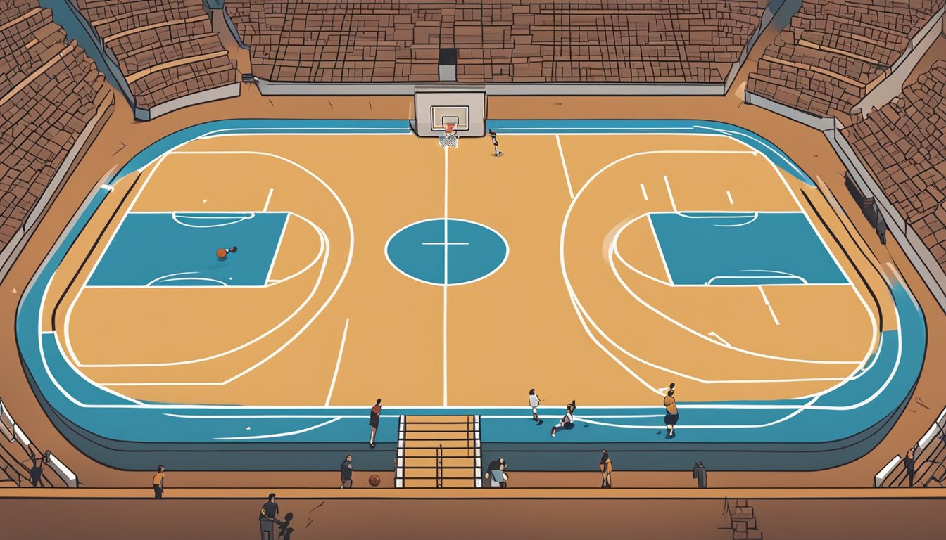 A basketball court with a broken heart at center court, surrounded by trending hashtags and a book titled "How to get your ex back 101"