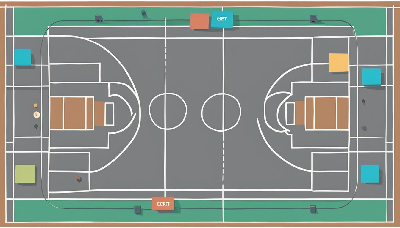 A basketball court with two hoops, one labeled "Strategies for Reconciliation" and the other "How to get your ex back 101." Trendy design elements surround the court