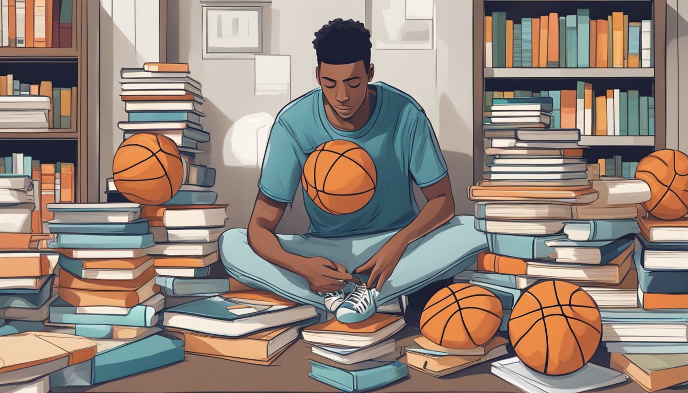 A person dribbling a basketball while surrounded by self-help books and personal growth materials