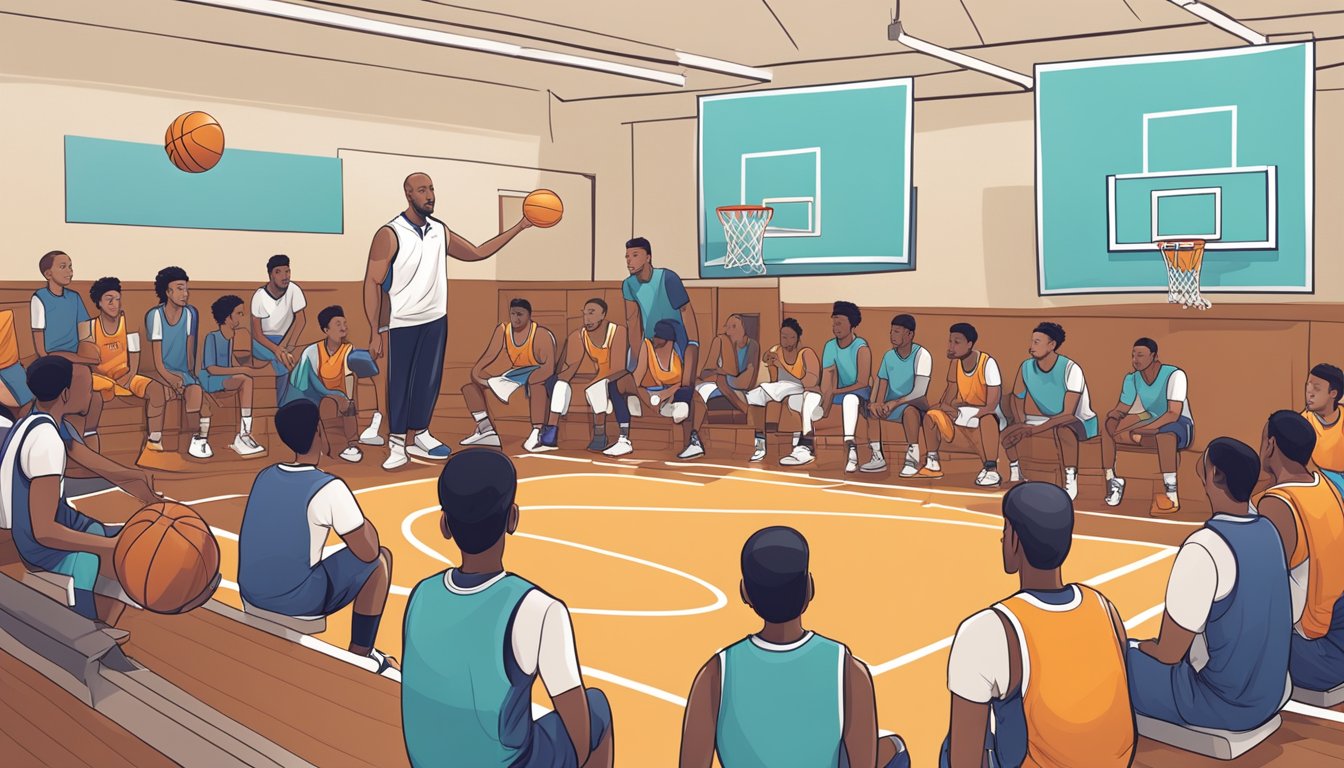 A basketball court with a coach giving advice on a whiteboard