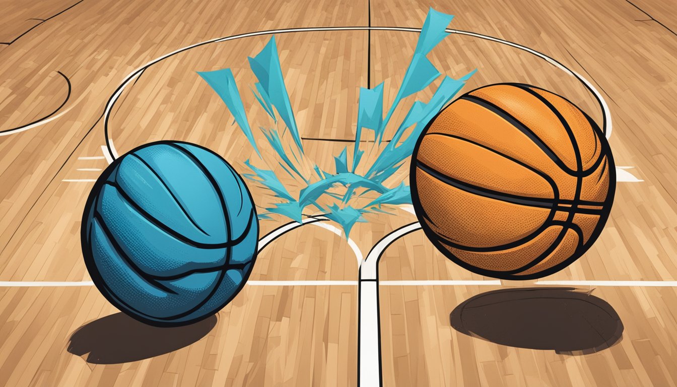 Two basketballs rolling towards each other on a court, with a broken heart in the background being mended back together