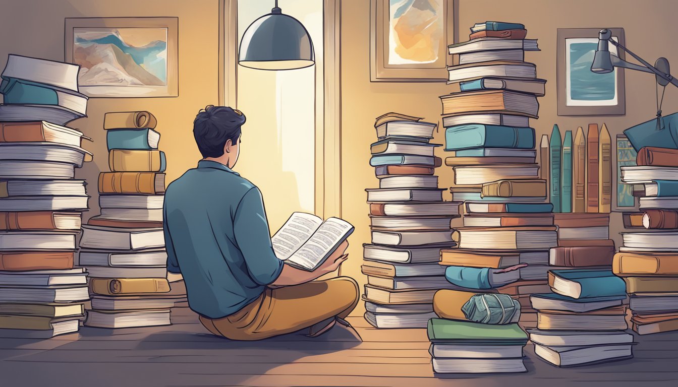 A person reflecting on past mistakes, surrounded by self-help books and journals. A path of growth and reflection