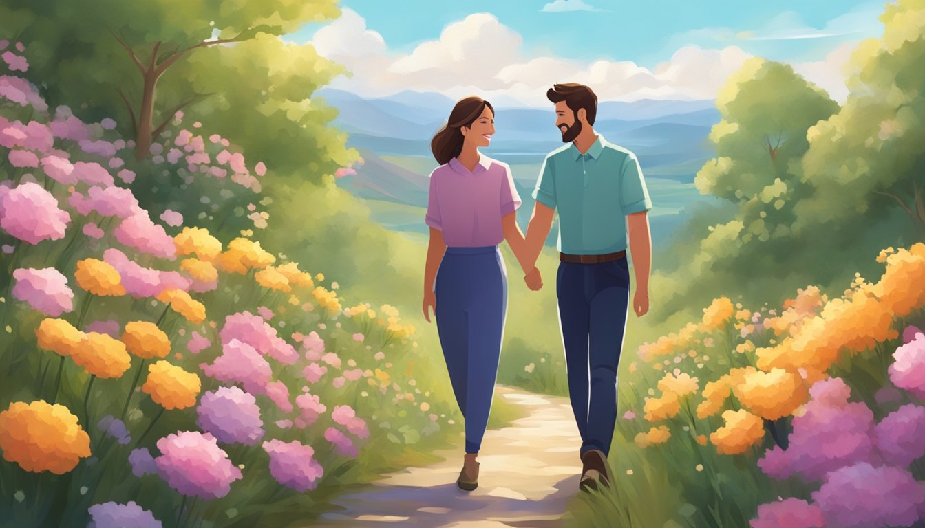 A couple holding hands and smiling, surrounded by blooming flowers and a peaceful, scenic backdrop