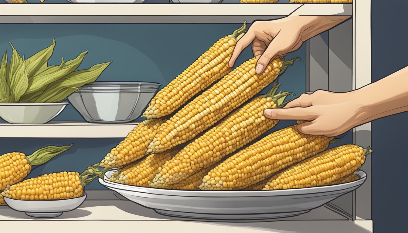 A hand reaching for a stack of glass corn on the cob dishes on a shelf