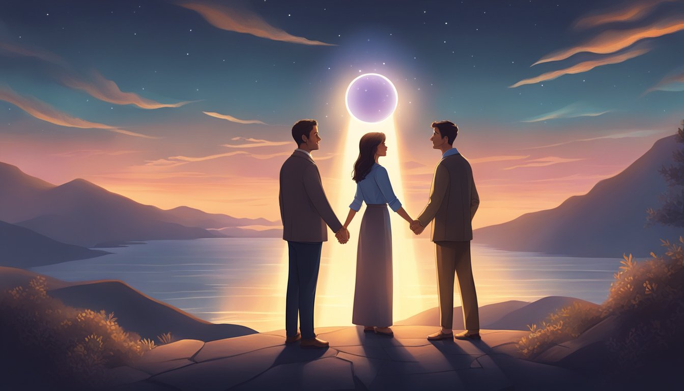 A man and woman stand facing each other, reaching out towards a glowing light symbolizing their rekindled connection