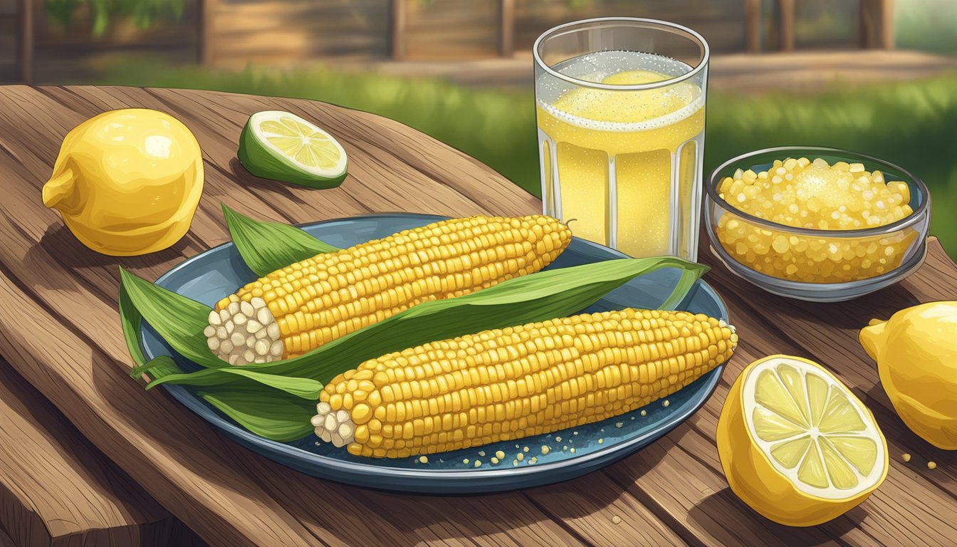 Freshly grilled corn on the cob on a rustic wooden board, accompanied by a pat of melting butter and a sprinkle of sea salt, with a glass of refreshing lemonade in the background