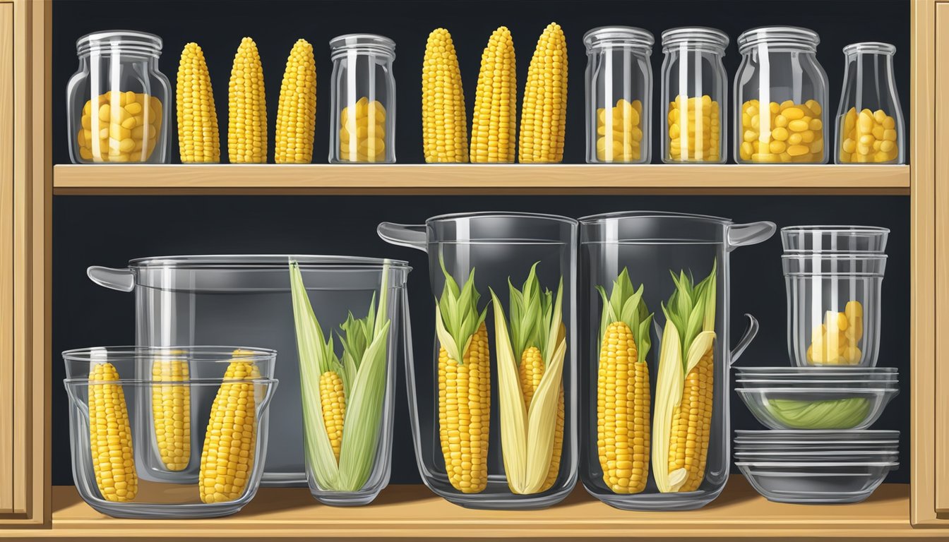 A set of corn on the cob dishes and glassware neatly organized in a kitchen cabinet