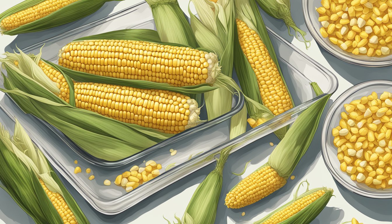 A glass dish filled with corn on the cob, surrounded by various corn dishes