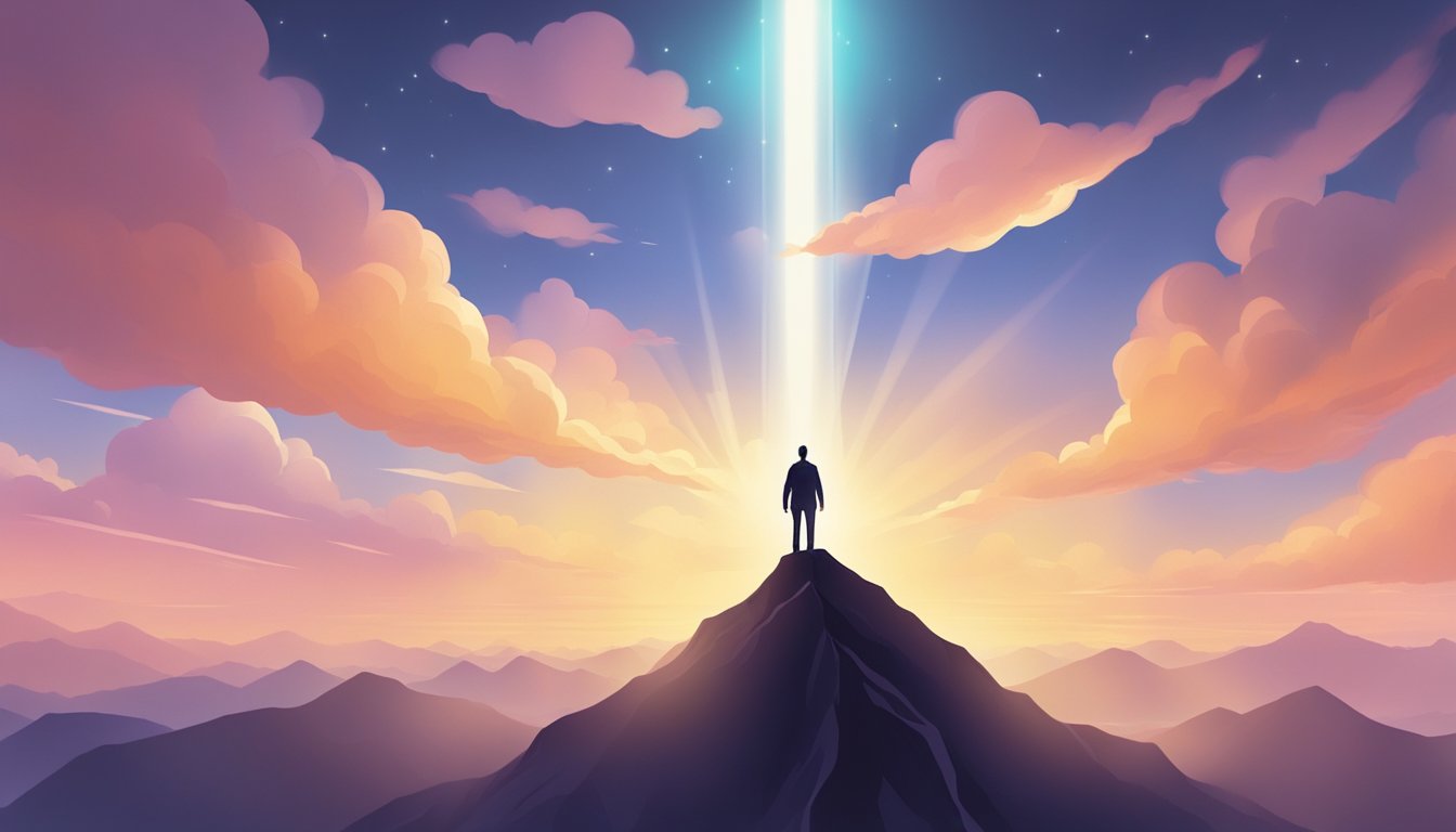 A lone figure stands on a mountain peak, reaching towards the sky as beams of light radiate from their body, symbolizing personal growth and success after a break-up