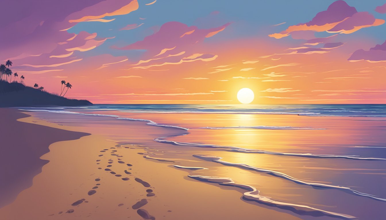 A vibrant sunrise over a calm beach, with footprints leading towards a distant figure standing at the water's edge