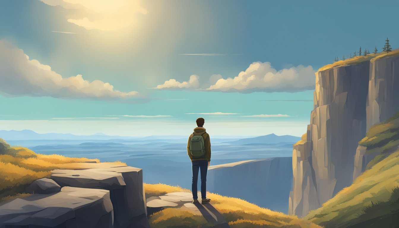 A person standing at the edge of a cliff, gazing out at a vast, open landscape with a sense of determination and hope