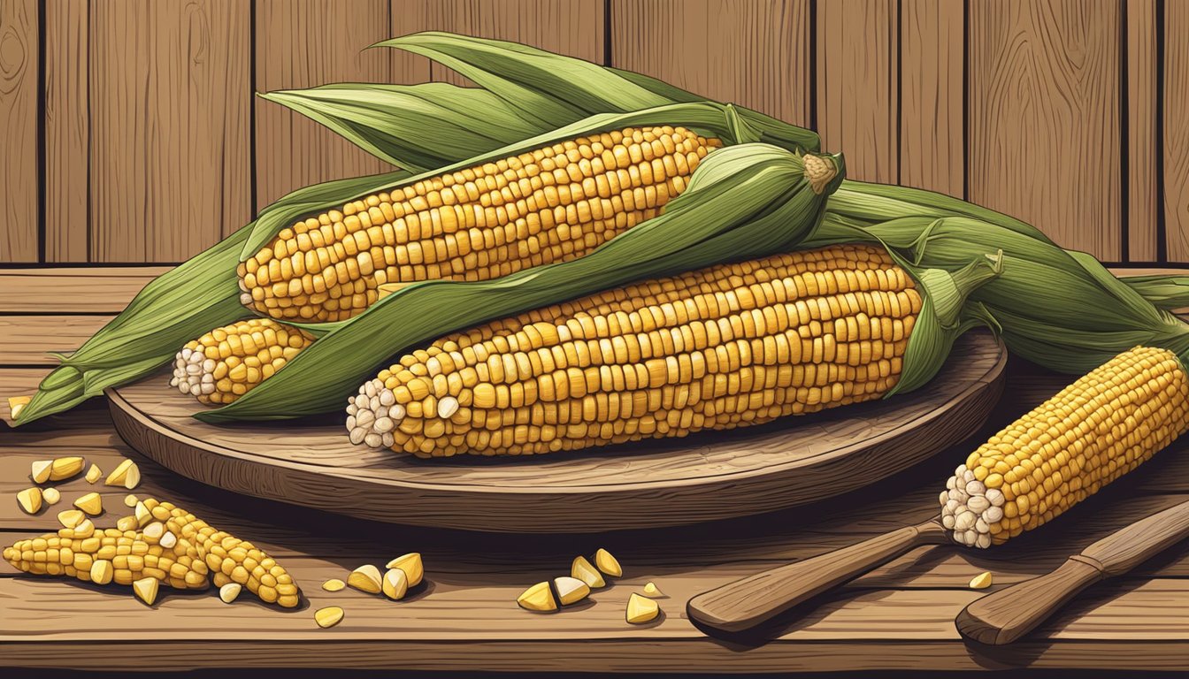 A rustic wooden table with a pile of corn on the cob, surrounded by vintage corn on the cob plates