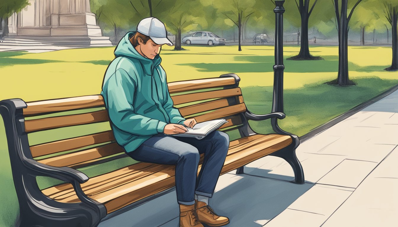 A person sitting alone on a park bench, looking at a photo of their ex with a pensive expression