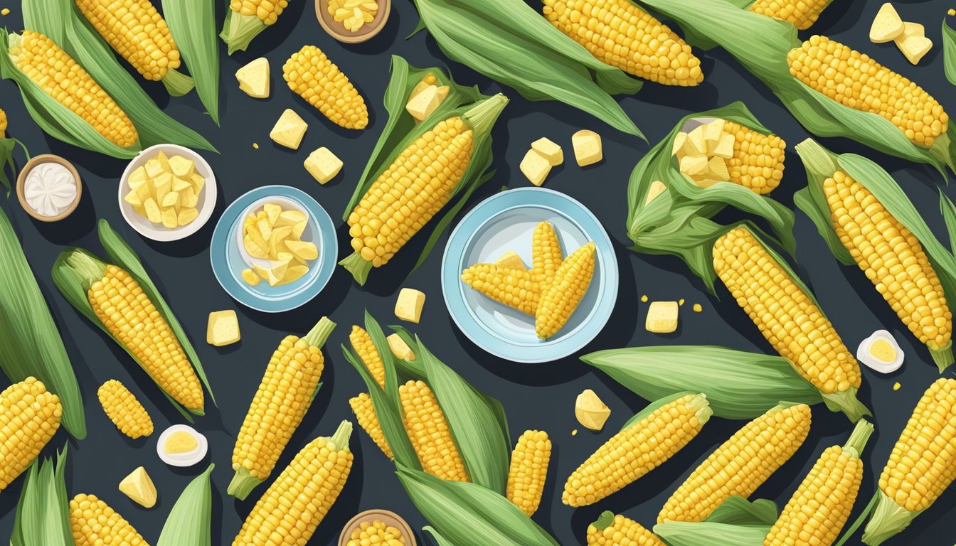 A picnic table with colorful corn on the cob plates arranged neatly beside a pile of fresh corn