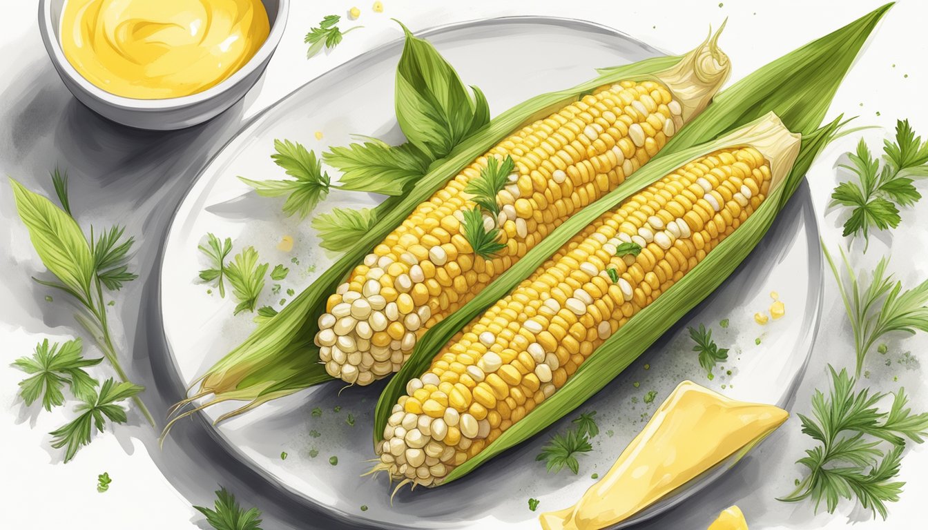 Freshly grilled corn on the cob on a white plate, garnished with a dollop of butter and sprinkled with herbs