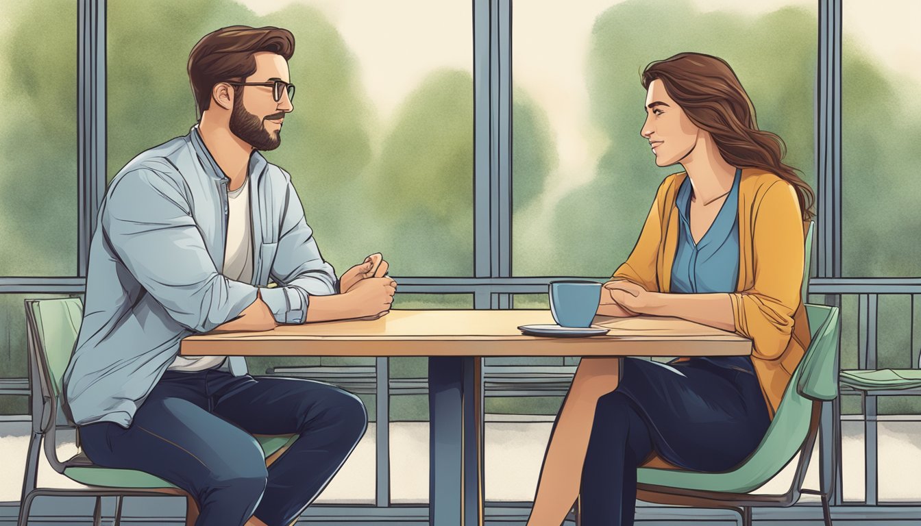 A man and a woman sitting across from each other, maintaining eye contact and engaged in a respectful conversation