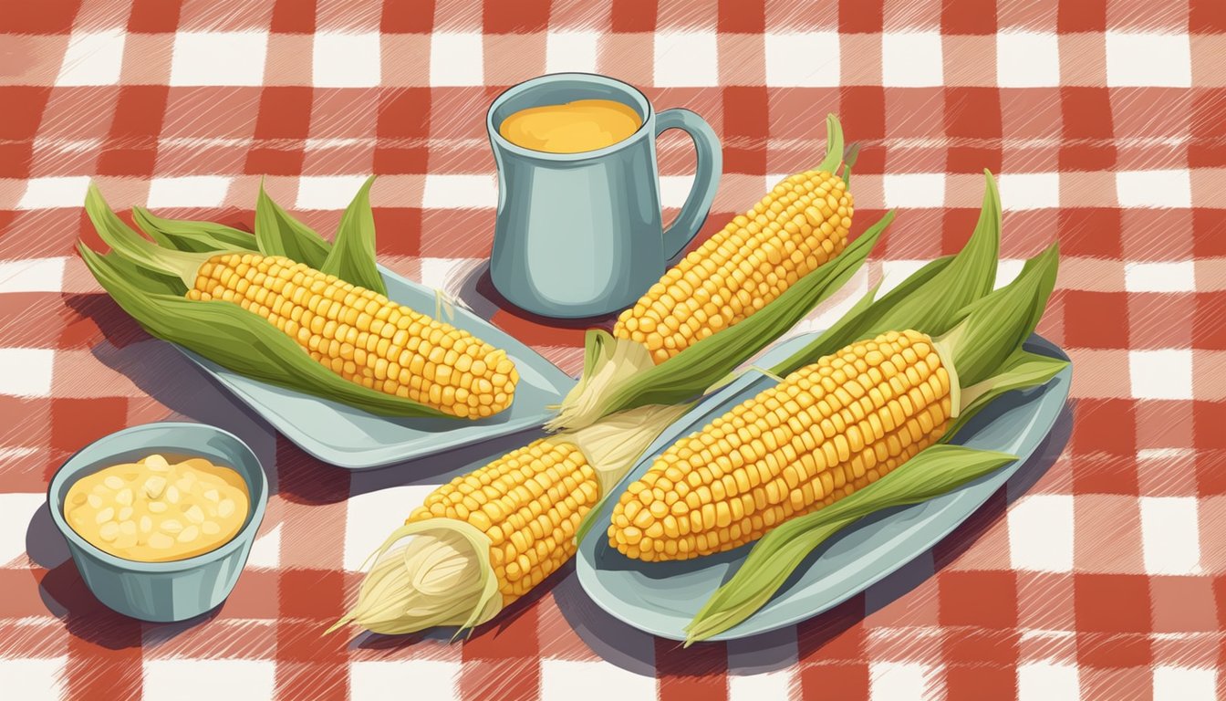 A picnic table set with colorful corn on the cob plates, surrounded by fresh ears of corn and a rustic checkered tablecloth