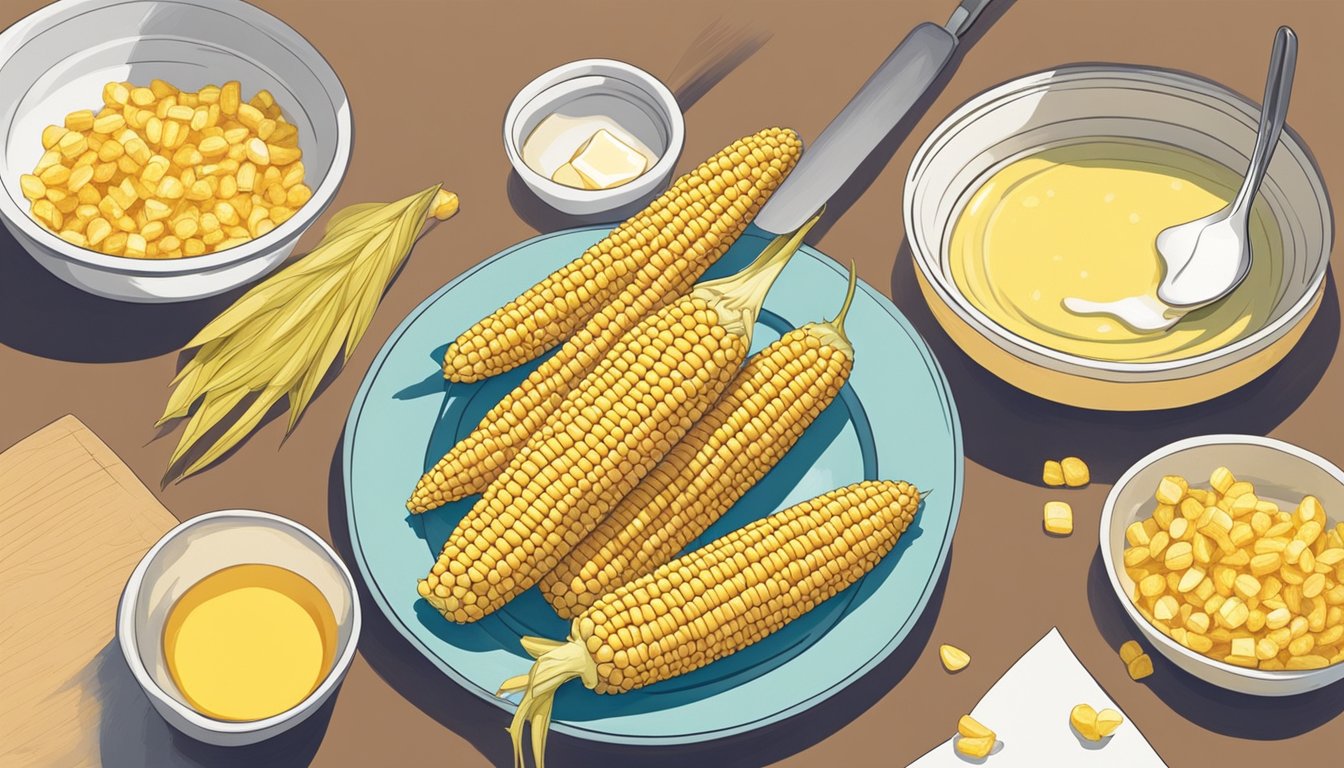 A hand placing a corn on the cob plate onto a table with a stack of clean plates and a small bowl of melted butter nearby