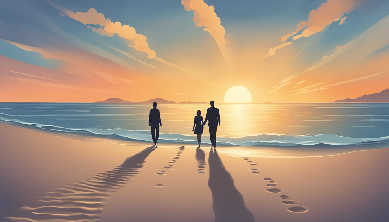 A serene beach at sunset, with two sets of footprints leading towards the water, symbolizing a couple's journey through a breakup and potential reconciliation