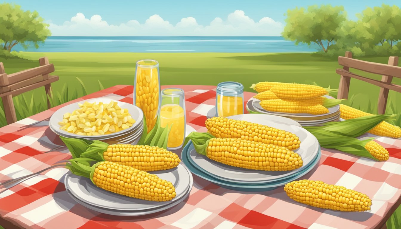 A picnic table set with corn on the cob plates, surrounded by fresh ears of corn and a vibrant tablecloth