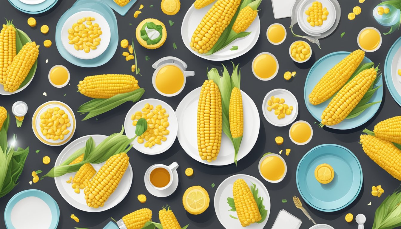 A table with rows of corn on the cob plates, surrounded by various marketing and sales channels icons and symbols