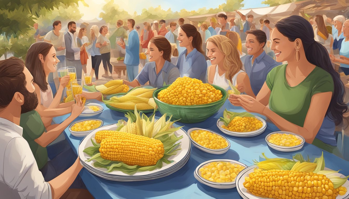 A festive outdoor event with corn on the cob served on decorative plates, surrounded by engaged customers