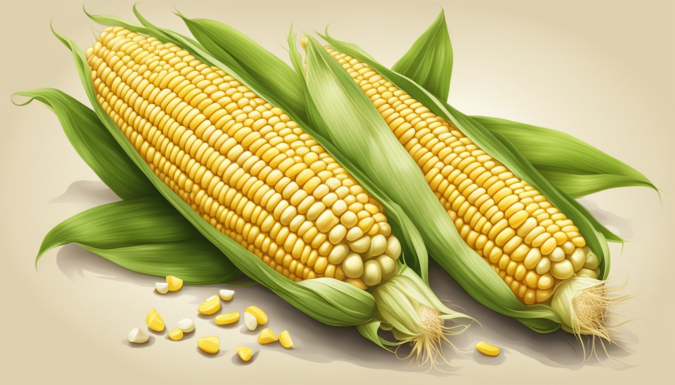 Fresh corn on the cob with two sticks inserted, steam rising