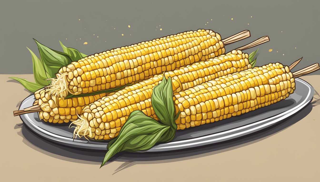 Fresh corn on the cob skewered on sticks, ready for grilling or boiling