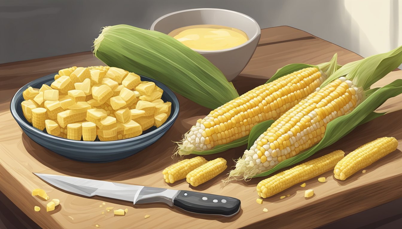 Fresh corn on the cob sticks arranged on a clean cutting board, with a sharp knife and a bowl of melted butter nearby