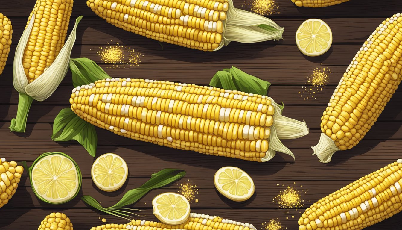 Fresh corn on the cob with butter melting on top, placed on a rustic wooden board with a sprinkle of seasoning