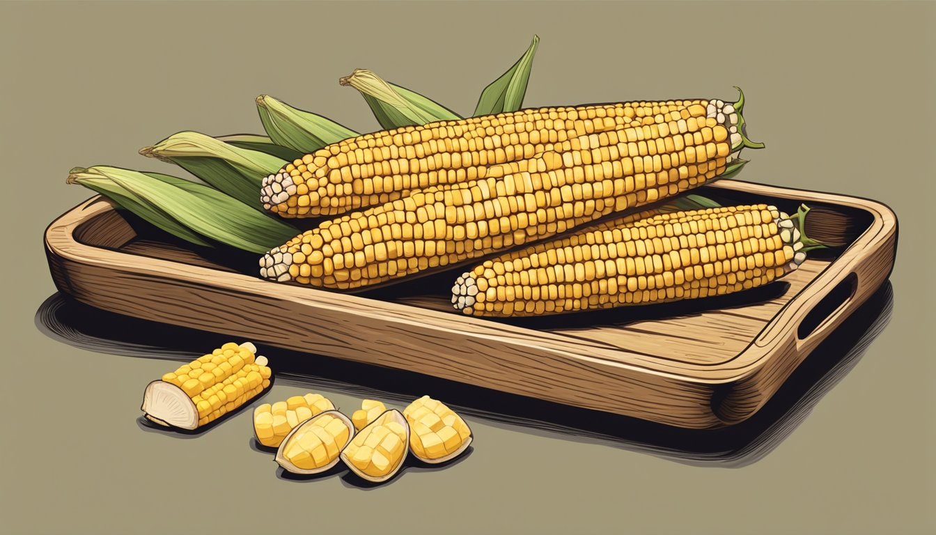 A rustic wooden tray holds several ears of corn on the cob, with husks peeled back to reveal the golden kernels. A small dish of melted butter sits nearby