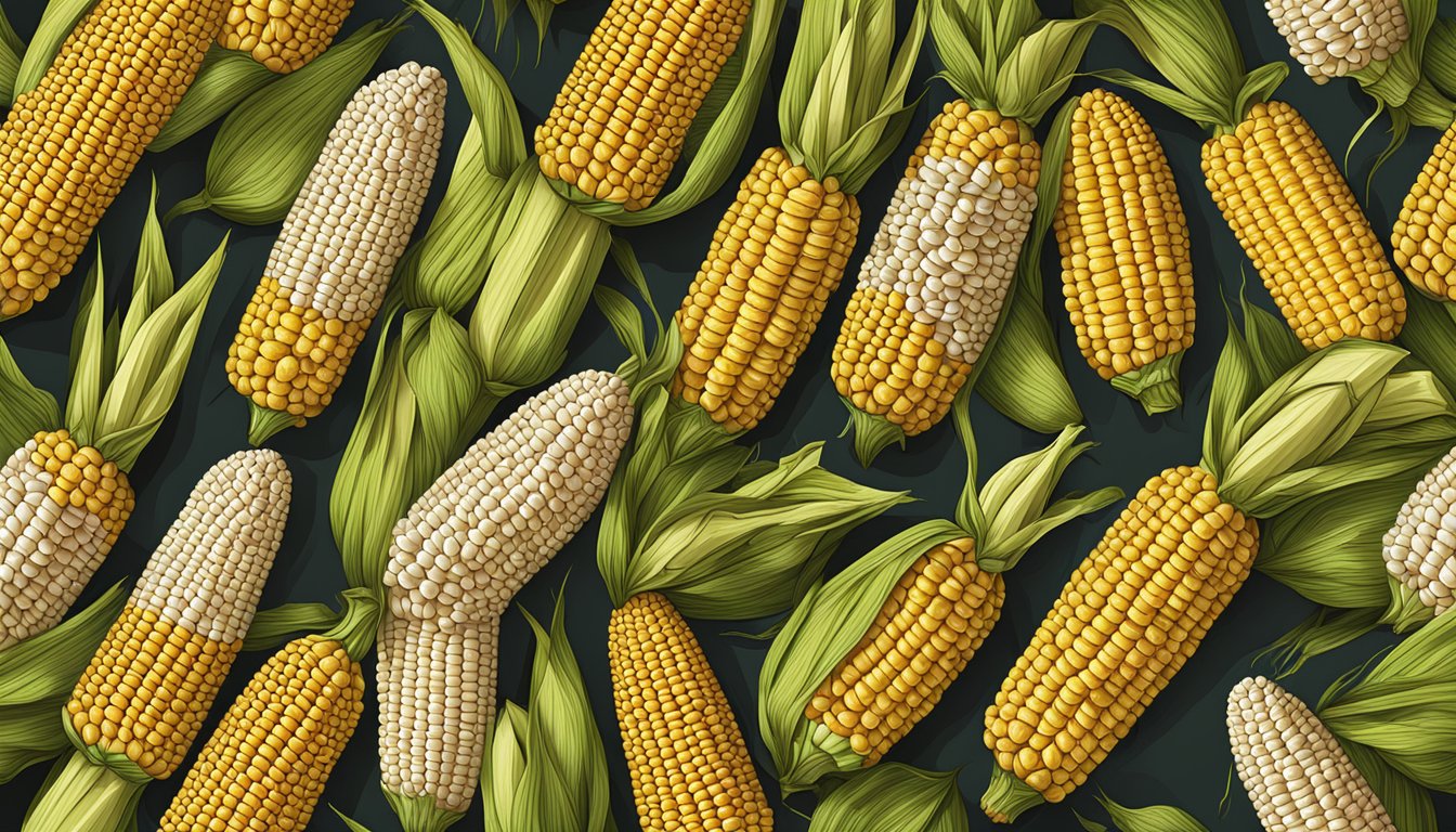 A wooden table with various types of corn on the cob trays arranged neatly