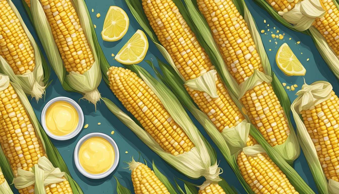 Freshly grilled corn on the cob arranged neatly on corn trays, with melted butter and seasoning sprinkled on top