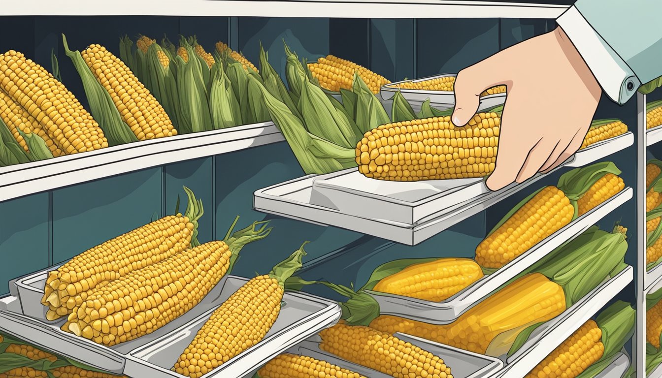 A hand reaching for a corn on the cob tray among various options on a display shelf